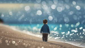 My Story sandy shore, with a large body of water and blue grey skies with a small boy 56715 copy